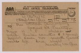 Telegram from the Secretary of the War Office to Mrs. Wheldon, Prestatyn,