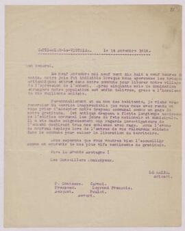 Letter from the Mayor of Wattignies-la-Victoire, France, to Brig. Gen. Commanding, 113th Infantry...