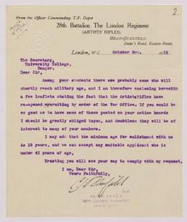 Letter from the Officer Commanding T.F. Depot, 28th Battn. The London Regiment (Artists’ Rifles) ...