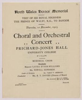 Official Programme – Choral and Orchestral Concert, Prichard-Jones Hall,