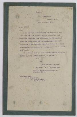 Copies of War Office letter, 22 Dec. 1914, re Web equipment and pattern leather equipment,