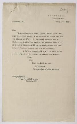 Correspondence, July 1916, from the War Office re Accounts La. for expenses,