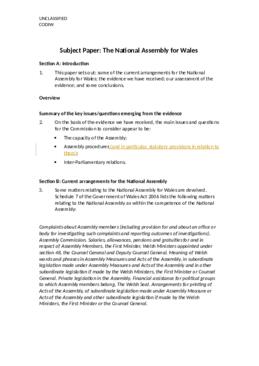 Draft subject paper on the National Assembly for Wales