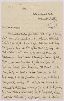 Letter from Alban Evans from H. M. Hospital Ship, Gran[--] Castle, to Miss Davies,