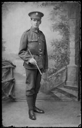 [Full-length studio portrait of a soldier in the Welsh Regiment]