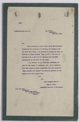Copies of War Office letter, 19 Dec. 1914, re conveyance of clothing and equipment for the Welsh ...